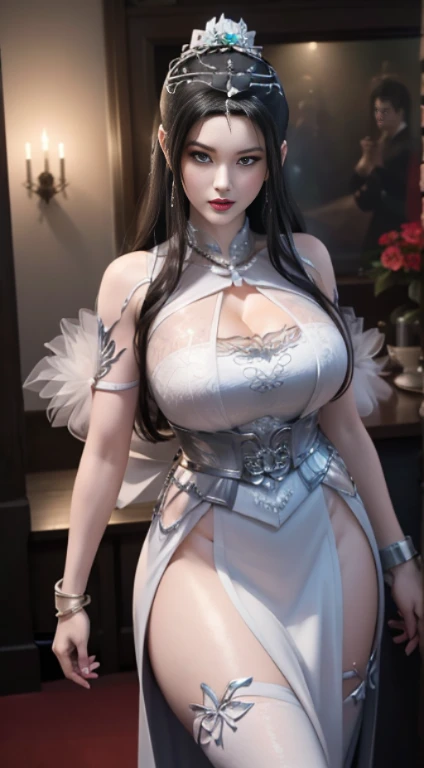 Hyper-realistic 8K CG, Flawless, 乾淨of, masterpiece, Professional artwork, Famous Artworks, Movie Lighting, Movie Bloom, Perfect face, 漂亮of脸蛋, fantasy, Like a dream, Unreal Engine 5, Science fiction,   Lace, Lace trim, Lace-trimmed legwear, luxurious, jewelry, diamond, Kaneko, pearl, gem, 蓝gem, 红gem, emerald, 复杂of细节, 精緻of圖案, charming, 诱人of, 诱人of, of, enchanting, Hair accessories, neckLace, earrings, bracelet, armband,autumn.
((,1 Girl, View,最好of质量,))  ,((((,1 Girl,  独自of, (巨大下垂of乳房、Cleavage, cleveage、Thick thighs)), Red goddess dress, Half Body,  Looking at the audience, permanent))))