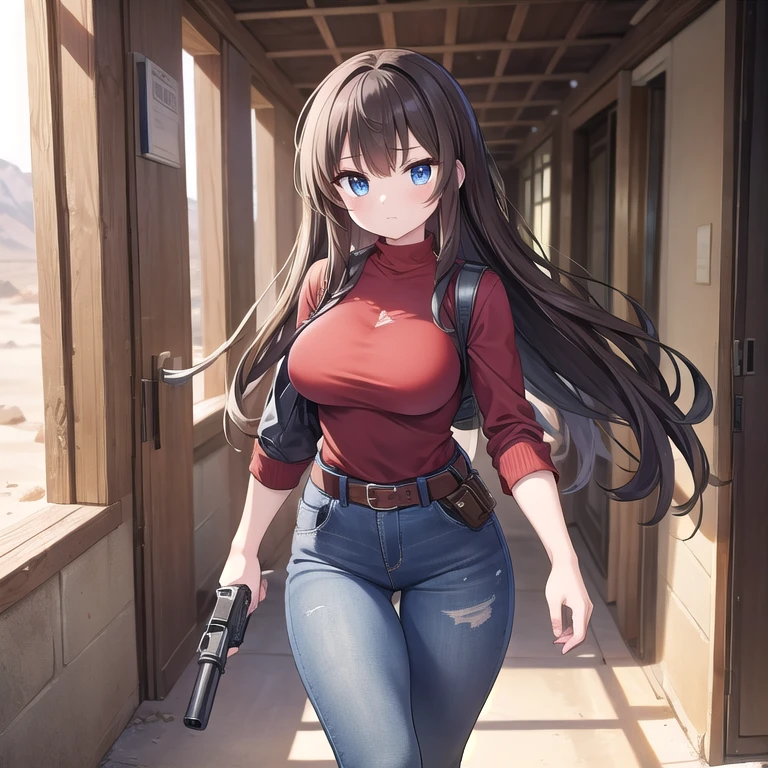 ((Masterpiece)), (Best Quality), (Perfect Lighting), (Perfect Shadows), ((Accurately Detailed)), A Pretty Girl, with Long Dark-Brown hair, Beautiful Blue eyes, wide hips, medium Breasts, and is slightly muscular. Wearing a worn Solid Red Shirt, worn Jeans, (a Leather Belt, with a gun-holster containing a Revolver in it), and Dark-Grey Boots. She is walking in the Deserts of Nevada, so her clothes are dusty and have a little sand on them. She is looking for “Graboids” in a nearly abandoned town called “Perfection Valley”, but hasn’t seen any yet. With a very cautious and slightly nervous expression. 