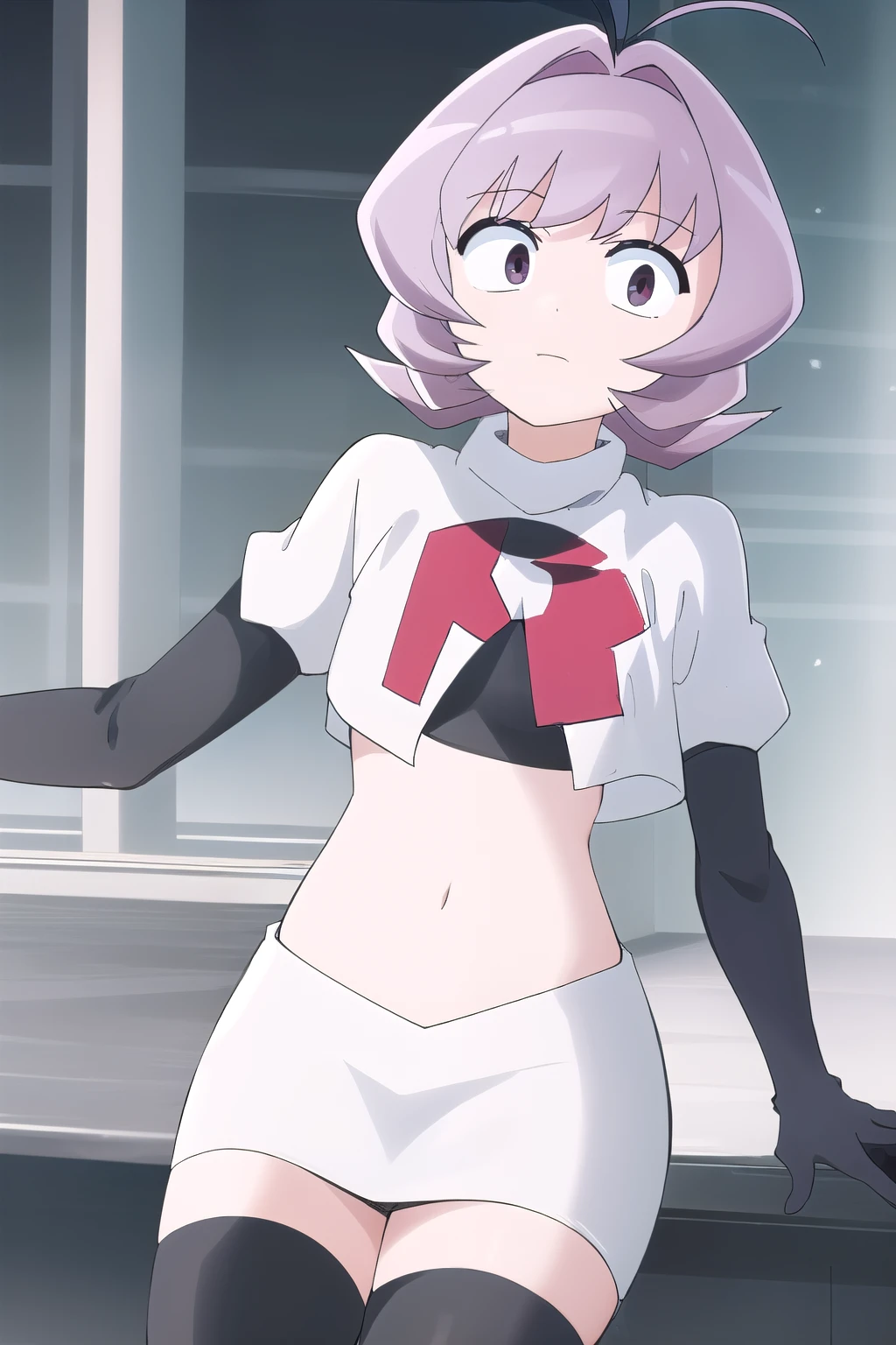 masterpiece, absurdres,male focus, trap, crossdressing,1boy,ON, solo, looking at viewer, team rocket,team rocket uniform,white skirt,red letter R,crop top,black thigh-highs,black elbow gloves, , perfect quality, good quality, masterpiece, HDR, UHD
