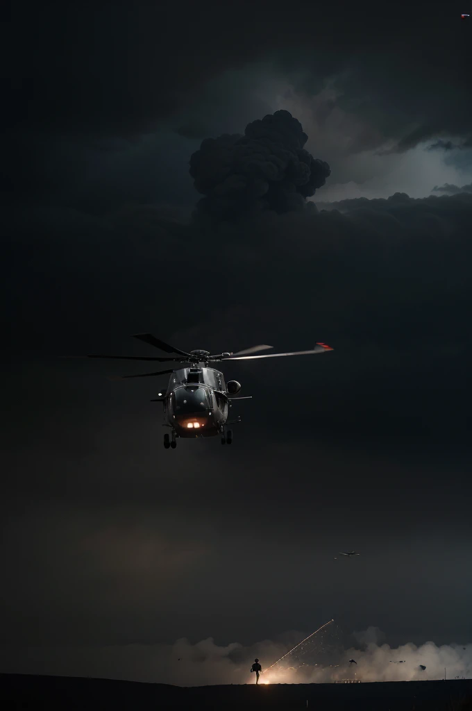 Creating a background image with those elements would give the website a dramatic and intense feel. Picture a dark, ominous sky with clouds swirling around a villainous soldier positioned in the foreground, wielding a sniper rifle. Behind them, a sleek, menacing helicopter hovers, its rotor blades cutting through the air, while a military plane streaks across the sky in the distance, adding to the sense of impending danger and action.