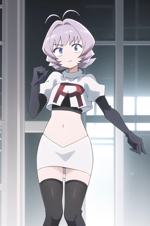 masterpiece, absurdres,male focus, trap, crossdressing,1boy,ON, solo, looking at viewer, team rocket,team rocket uniform,white skirt,red letter R,crop top,black thigh-highs,black elbow gloves, , perfect quality, good quality, masterpiece, HDR, UHD 