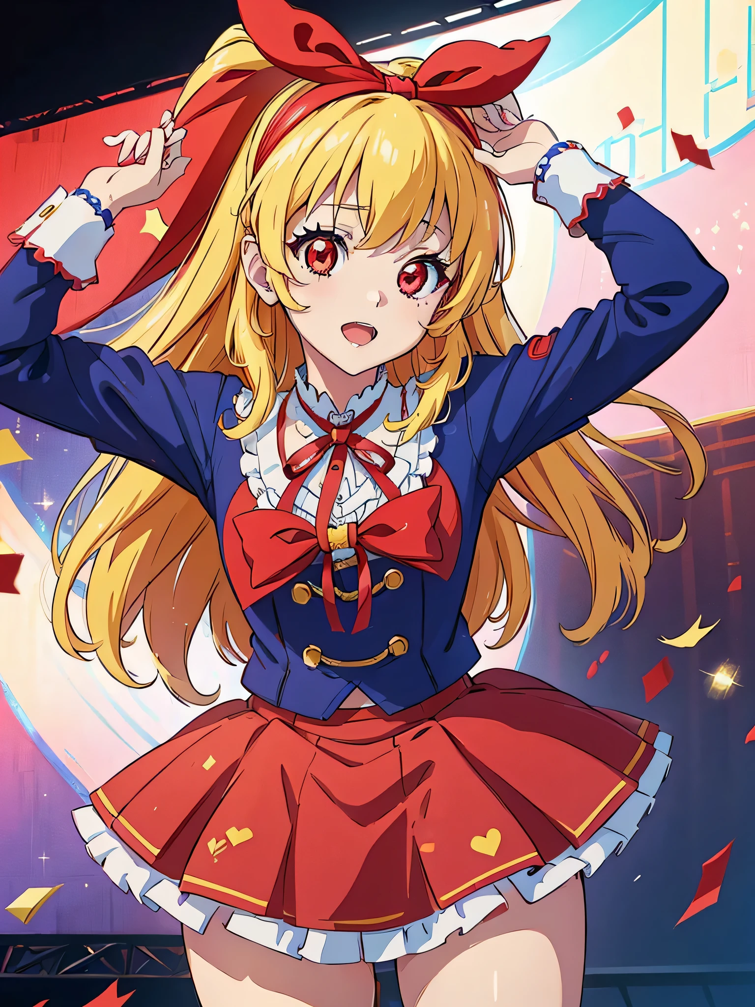 (red ribbon on hairband:1.2),(8K, best quality, muste piece:1.2)、ultra high resolution,1 very cute girl,hosimiya ichigo,ultra-detailed face, detailed eyes,RED eyes,,masterpiece, best quality, extremely detailed, 1 girl,ultimate idol, ultimate idol costume, live stage, confetti1 girl,