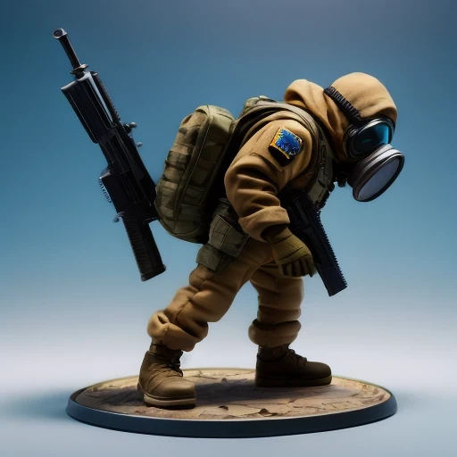 （（side angle））Alafud Soldier with gas mask and gun, Sanya Toys, Guerrilla, vinyl toy figurine, Highly detailed toys, Future combat equipment, Stop motion vinyl characters, Soldier, Marmoset Rendering, camouflage equipment, Octane Rendering”, Octane Rendering ”, Ninja, Vinyl Action Figures, Personagem pequeno. Unreal Engine 5,(((Pure cotton plush)))