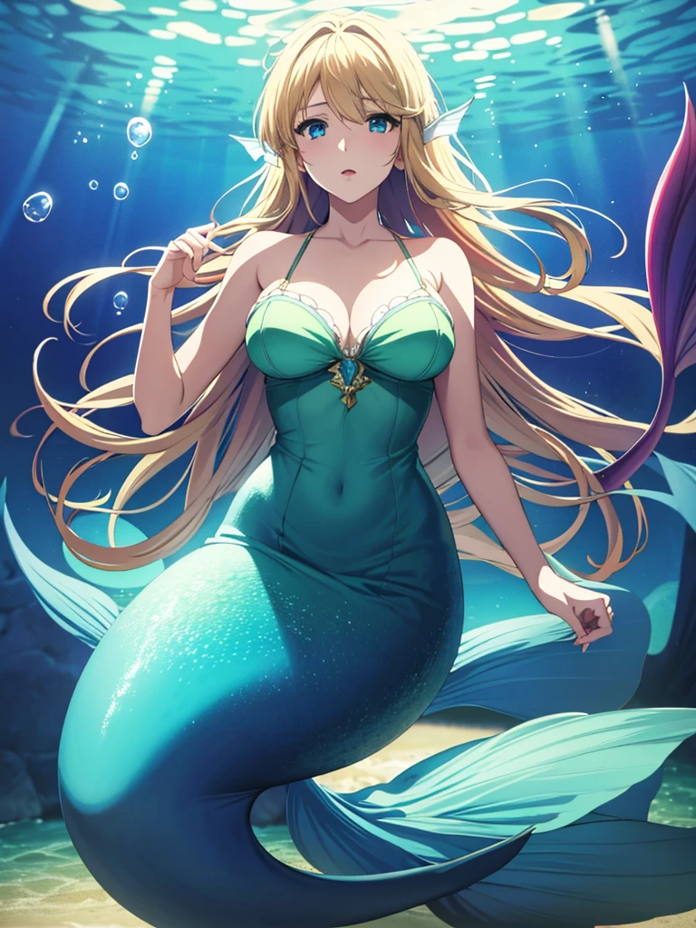 violet evergarden, mermaid, underwater, masterpiece, best quality, 1girl, solo, blonde hair, long hair blue eyes, large breasts, bra, looking at viewer, green mermaid tail,