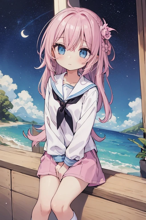 Beautiful illustrations, highest quality, (12 year old girl:1.4)、(pretty girl:1.5)、、Flat Chest、Sailor collar、(White long tunic)、Long sleeve sailor suit、Blue-line cuffs、(pink chino shorts:1.4)、(pink shorts with wide opening:1.2)、Gap between thigh and pants、Slim thighs、White socks、 Cinematic lighting, (Pink Long Hair)、Pink Straight Hair、Redness on the cheeks、(Braiding of the back of the head)