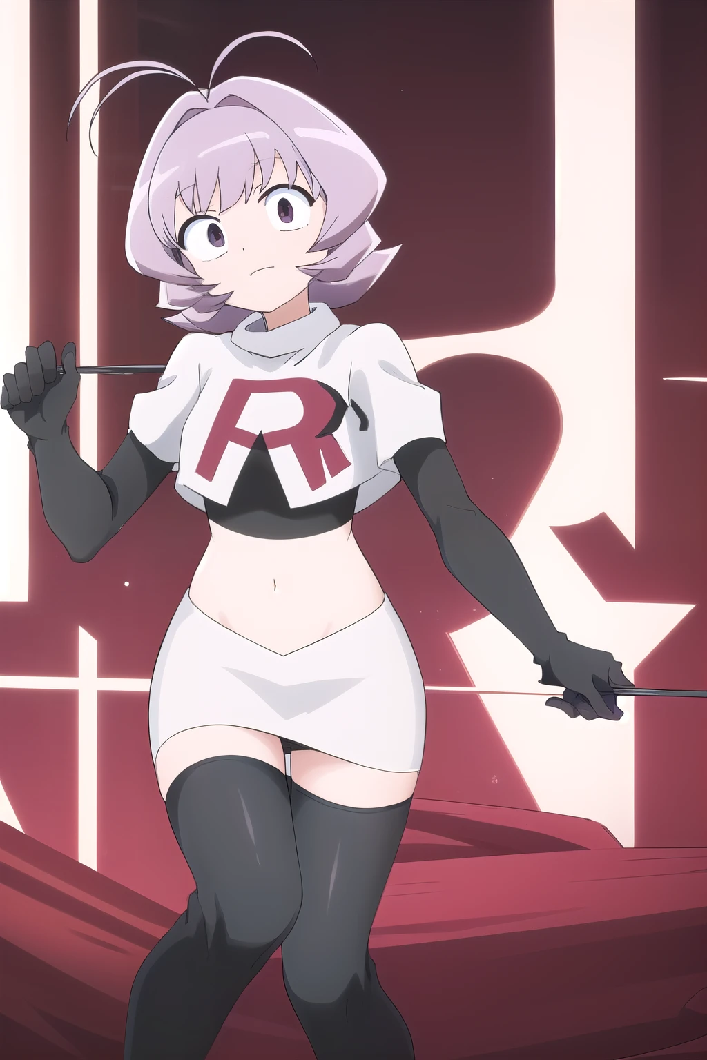 masterpiece, absurdres,male focus, trap, crossdressing,1boy,ON, solo, looking at viewer, team rocket,team rocket uniform,white skirt,red letter R,crop top,black thigh-highs,black elbow gloves, , perfect quality, good quality, masterpiece, HDR, UHD