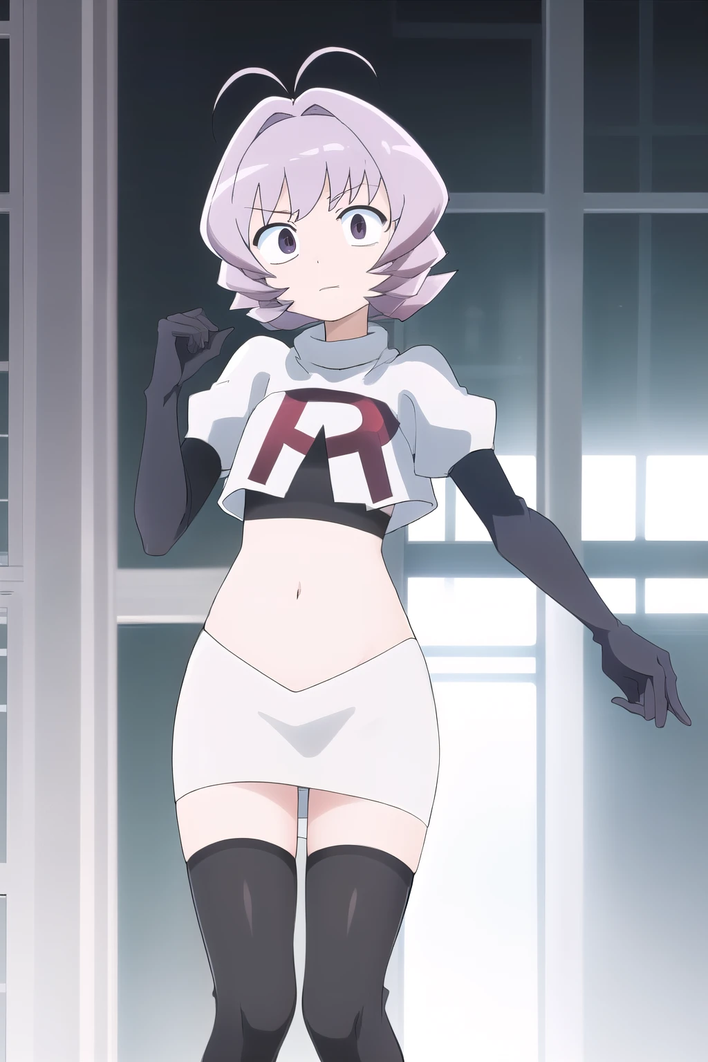 masterpiece, absurdres,male focus, trap, crossdressing,1boy,ON, solo, looking at viewer, team rocket,team rocket uniform,white skirt,red letter R,crop top,black thigh-highs,black elbow gloves, , perfect quality, good quality, masterpiece, HDR, UHD 