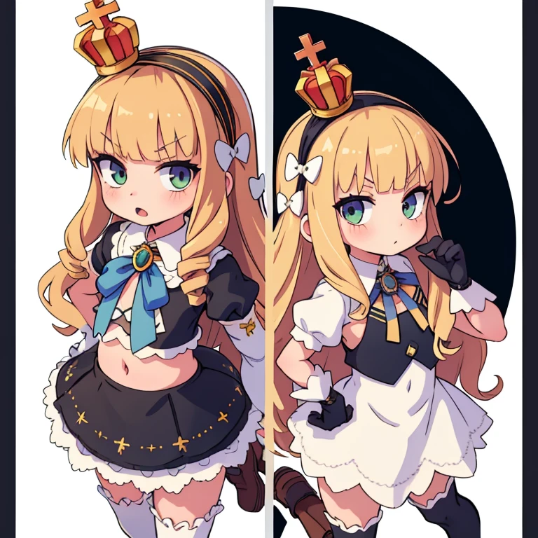 Little, SD,(masterpiece, highest quality:1.2),figure,8k,hd,One girl,alone,upper body,(Portraiture:1.2),blonde_hair,length_hair,green_eye,hairband,mini_Crown,hair_bow,前hair,black_hairband,small_chest,white_bow,very_length_hair,gloves,white_gloves,white_Knee socks,dress,tooth,Wat,Covered_belly button,independent_sleeve,flat_chest,V-shaped_Eyebrow,zettai_ryouiki,independent_collar,full_body,ribbon,