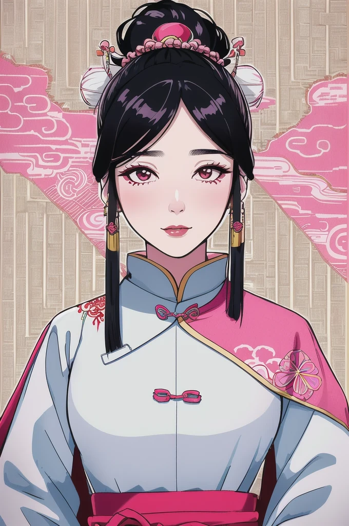 illustration of a woman in unnomy-epi-ancient Chinese clothing, upper body, (1 girl solo), close-up, facing the camera, (gentle eyes), (ancient Chinese clothes, embroidered robes, embroidered collared Uesugi, white large-sleeved shirt, streamers, cloak, silk skirt), ((long vblack hair, hairpins)), (ancient Chinese clothes, coiled hair, streamers, pale pink lips, tassels, silver thread, beading, embroidery), (clear facial features, detailed skin texture, beautiful face), white background, earrings, standing, (masterpiece, top quality, best quality), ((flat color))), unnomy:1.5,