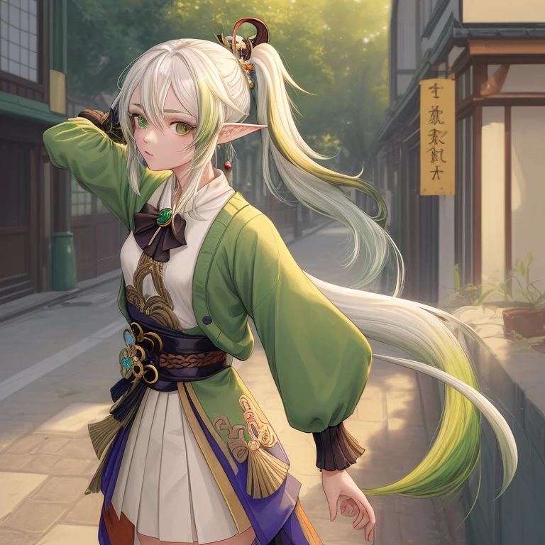 masterpiece , best quality,nahida(genshin impact) ,1girl , small breast,long hair ,side ponytail, hair ornament , white hair , green hair , hand behind head:1.5,multicolored hair, elf , pointy ears ,  , skirt ,cardigan,road , street,looking at the viewers