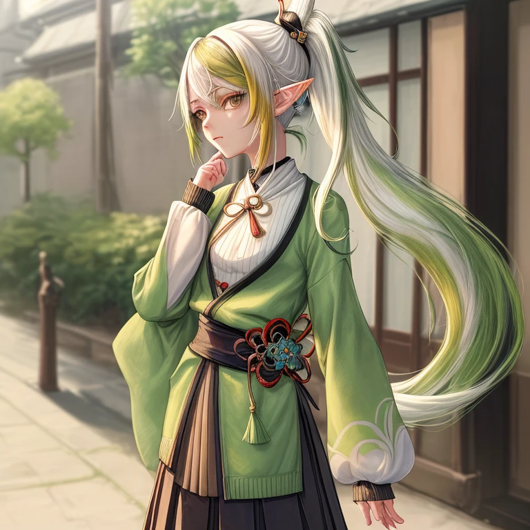 masterpiece , best quality,nahida(genshin impact) ,1girl , small breast,long hair ,side ponytail, hair ornament , white hair , green hair , hand behind head:1.5,multicolored hair, elf , pointy ears ,  , skirt ,cardigan,road , street,looking at the viewers