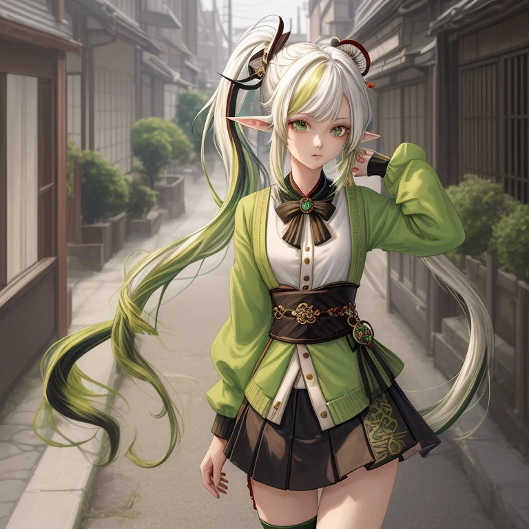 masterpiece , best quality,nahida(genshin impact) ,1girl , small breast,long hair ,side ponytail, hair ornament , white hair , green hair , hand behind head:1.5,multicolored hair, elf , pointy ears ,  , skirt ,cardigan,road , street,looking at the viewers