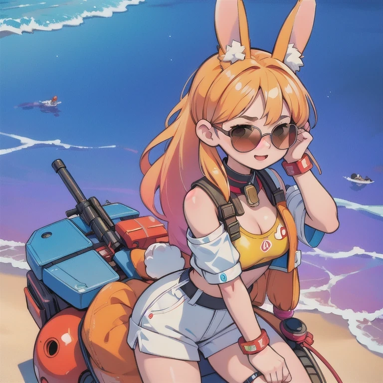 (masterpiece, best quality:1.2), 1girl, ((masterpiece, highest quality, Highest image quality, High resolution, photorealistic, Raw photo, 8K)), Retro Game, Nintendo, SEGA, Namco, Cyberpunk 1:25 miniatures，illustration，Side viewing angle，（（Side viewing angle）），Wear gold wire-rimmed reflective sunglasses，Carry future weapons，very happy，Side viewing angle，whole body，three-dimensional，octane rendering，Perfect face，Collagen texture((flowing hair))（（Gradient long fur rabbit ears））