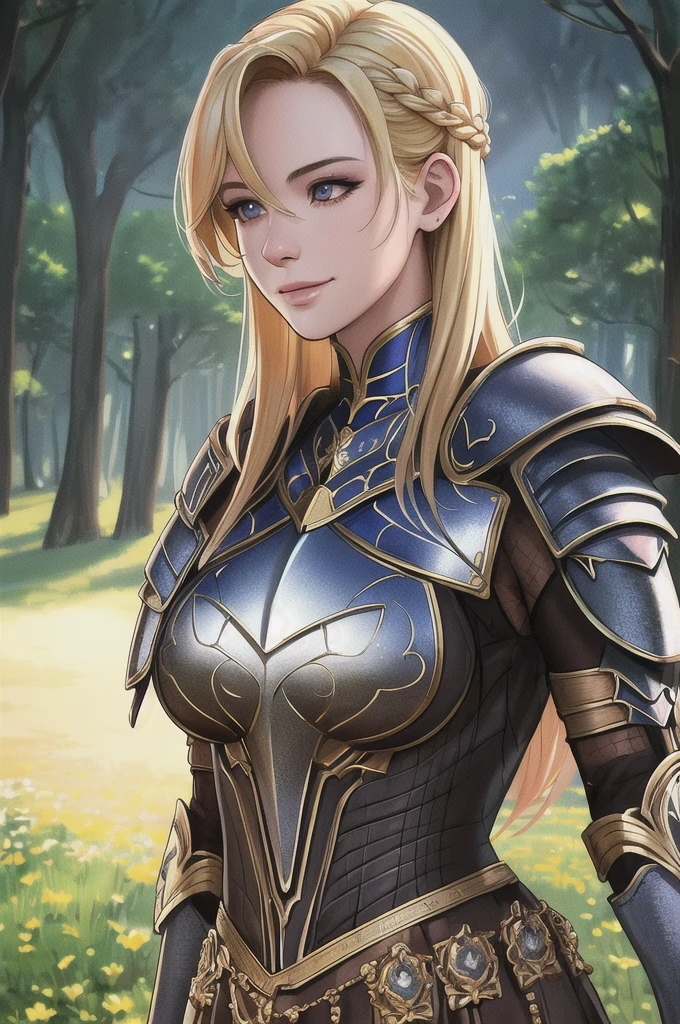 (masterpiece, top quality, high resolution, super detail), women, youth, knight, muscular, strong, blonde, uniform, royalty, armor, art made by professional artists, the artwork is a masterpiece, the perspective of the characters was perfectly drawn, highly detailed clothes, visually stunning background, presentable clothes, highly detailed hair, a sense of unity and harmony, volume lighting, depth, Detailed shading of figures, detailed highlights portrait drawing, perfect person, excellent person drawing, good looking realistic lighting, best light placement, highly detailed clothes, stylized, aesthetic, excellent eye details, flowers, fantasy, comic art, concept art, trends on pixiv, forest, blooming flowers, sunlight, fantastic lights and shadows, landscape, highly detailed face, portrait, smile