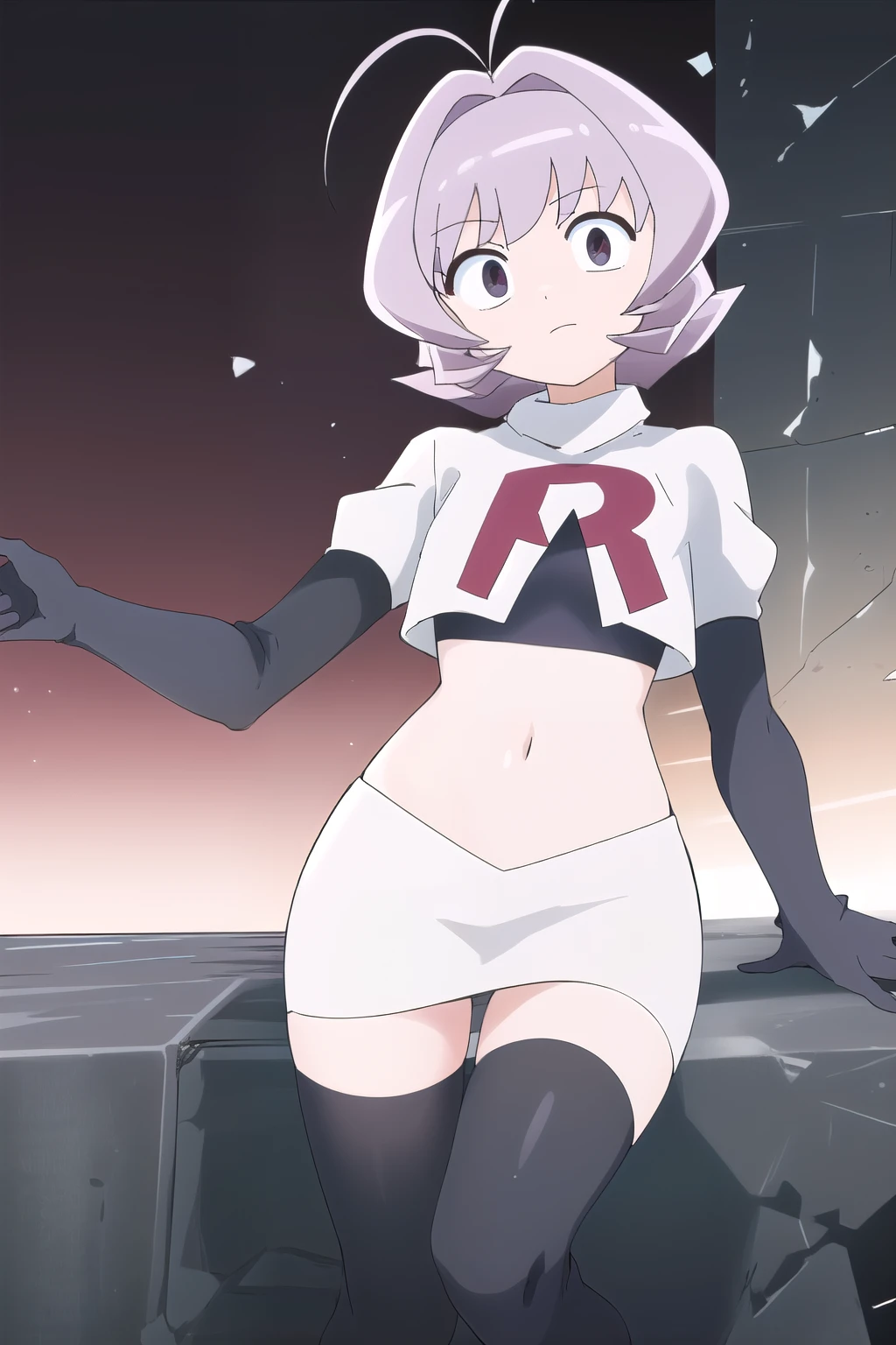 masterpiece, absurdres,male focus, trap, crossdressing,1boy,ON, solo, looking at viewer, team rocket,team rocket uniform,white skirt,red letter R,crop top,black thigh-highs,black elbow gloves, , perfect quality, good quality, masterpiece, HDR, UHD 