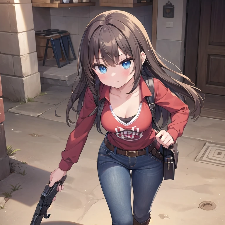 ((Masterpiece)), (Best Quality), (Perfect Lighting), (Perfect Shadows), ((Accurately Detailed)), A Pretty Girl, with Long Dark-Brown hair, Beautiful Blue eyes, wide hips, medium Breasts, and is slightly muscular. Wearing a worn Solid Red Shirt, worn Jeans, (a Leather Belt, with a gun-holster containing a Revolver in it), and Dark-Grey Boots. She is walking in the Deserts of Nevada, so her clothes are dusty and have a little sand on them. She is looking for (“Graboids but hasn’t seen any yet. With a very cautious and slightly nervous expression. 