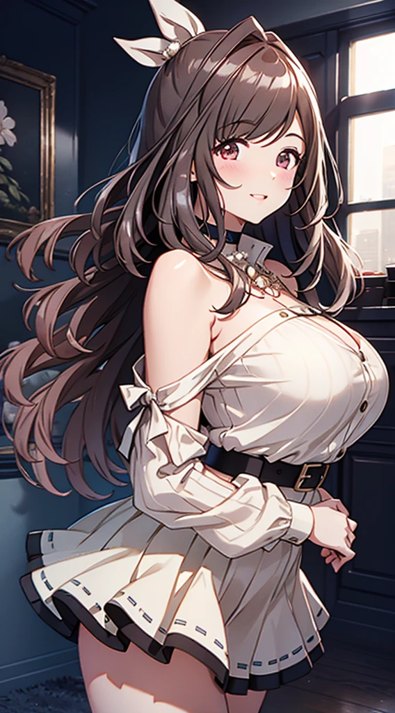 masterpiece,8k,1 cute girl,tight waist,huge breasts,red cheeks,parted lips,choker,off-shoulder sheer silk white collared sweater,glossy satin mini skirt with belt,shy smile,slim proportion,