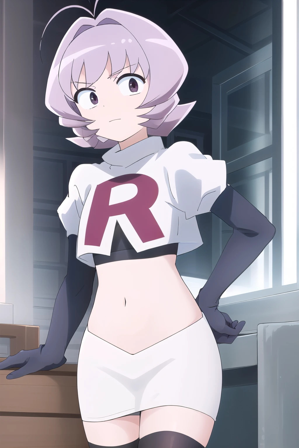 masterpiece, absurdres,male focus, trap, crossdressing,1boy,ON, solo, looking at viewer, team rocket,team rocket uniform,white skirt,red letter R,crop top,black thigh-highs,black elbow gloves, , perfect quality, good quality, masterpiece, HDR, UHD 