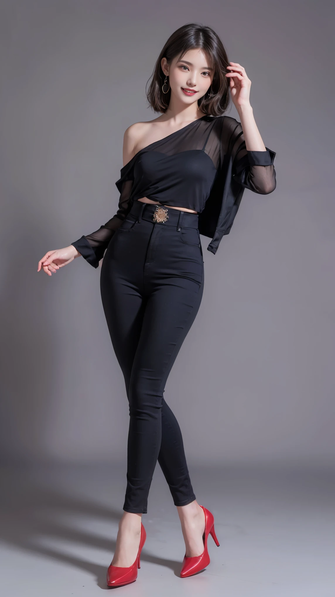 highest quality,masterpiece,Ultra-high resolution,Original photo,Ultra-high resolution,A beautiful 25-year-old woman wearing women's fashions popular in the 1980s,Long legs:1.5,high waist,Flashy makeup using red eyeshadow,Big smile,Short cut with delicate side waves,Full Body,Gray background,