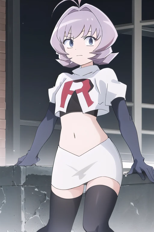 masterpiece, absurdres,male focus, trap, crossdressing,1boy,ON, solo, looking at viewer, team rocket,team rocket uniform,white skirt,red letter R,crop top,black thigh-highs,black elbow gloves, , perfect quality, good quality, masterpiece, HDR, UHD 