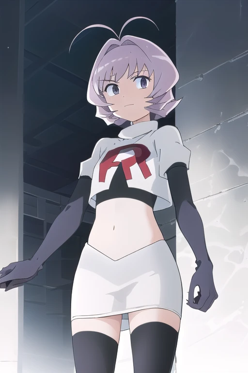 masterpiece, absurdres,male focus, trap, crossdressing,1boy,ON, solo, looking at viewer, team rocket,team rocket uniform,white skirt,red letter R,crop top,black thigh-highs,black elbow gloves, , perfect quality, good quality, masterpiece, HDR, UHD