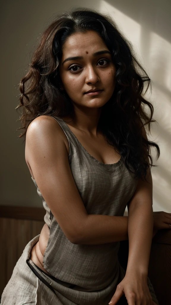 Looks like Manju warrier, a photo portrait of a beautiful girl with curls, styled black hair, (face portrait:1.5), dramatic light, Rembrandt lighting scheme, bust shot, linen tank top , indoors