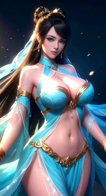 Bust photo, A beautiful woman, Messy hair, Girlish feeling, Symmetrical bun, Hair accessories, jewelry, Delicate face, Eyeshadow, (Huge sagging breasts、Cleavage, cleveage、Thick thighs))Exquisite blue top, Bare shoulders, navel, Bare belly, Dunhuang style, Lots of ribbons, Delicate skin, Soft light effects, Fine and smooth hair, Exquisite details, eyes highlights, White skin, Beautifully portrayed, Extreme details, Cinema quality, Thin, slim, shattered, Hair details, Thin bangs, Shawl hair, correct body, shadow, Air bangs, 8k, Super Detailed, Delicate fabric texture, Soft, Flexible, Smooth texture, Dunhuang style, Delicate pattern, Correct hand drawing, Smile, Crane plum, Surrealism, Ray Tracing, Ultra HD, High Detail, Super Detail, high resolution, 8k, high quality, High Detail, textured skin, precise