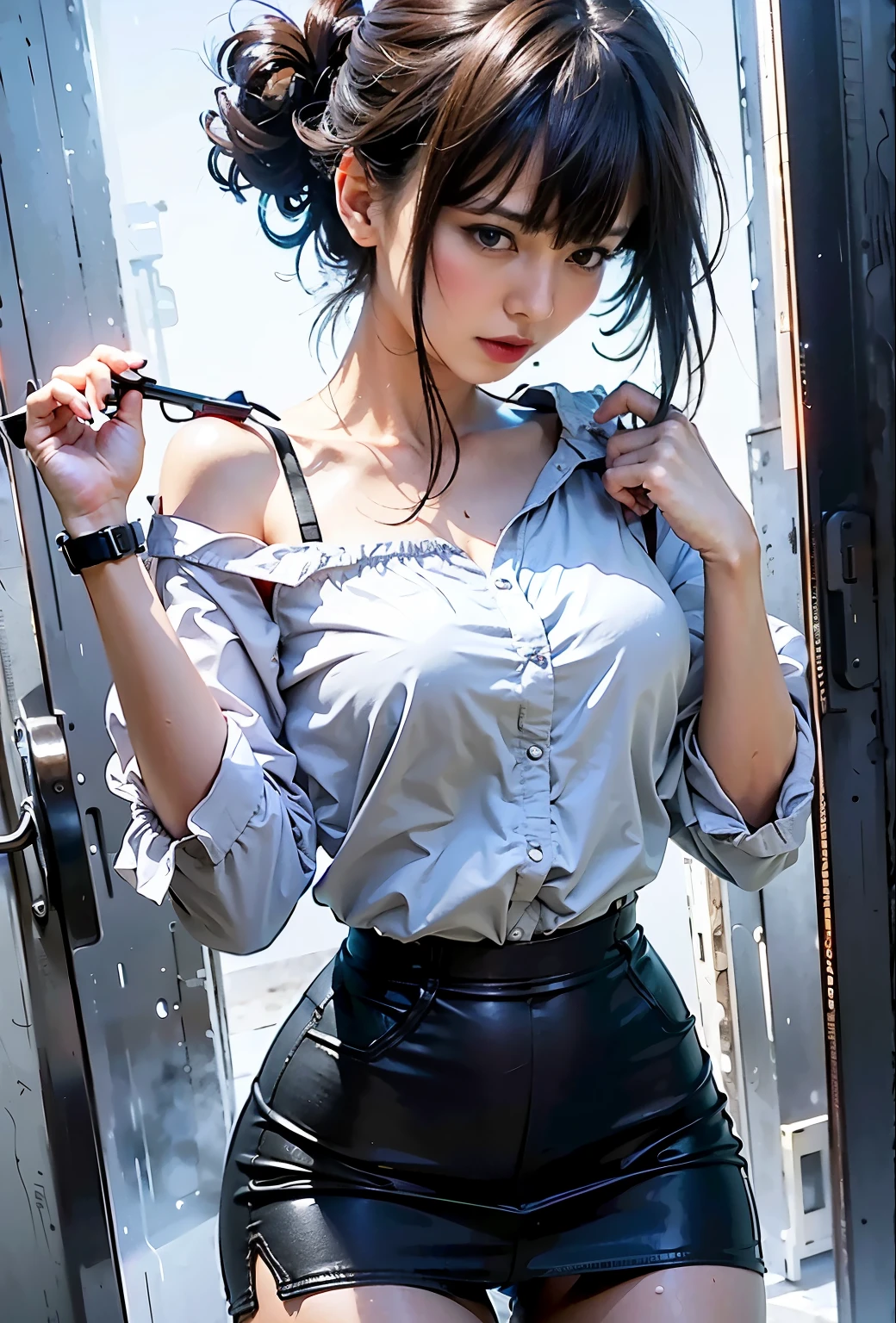 Sh(masterpiece, best quality:1.2), (8k uhd, 16k, 32k, ultra high res), (photorealistic:1.37), (RAW photo), ultimate-realistic, ultimate-realistic details, ultimate-realistic texture, ultimate-intricate details, ultimate-realistic lighting, ultimate-realistic shadow, japanese girl, ultimate-cute face, ultimate-RAW skin, ultimate-realistic eyes, (short cut, holding a glock17, red enamel jacket with bare shoulders, camisole, short shorts, criminal city)