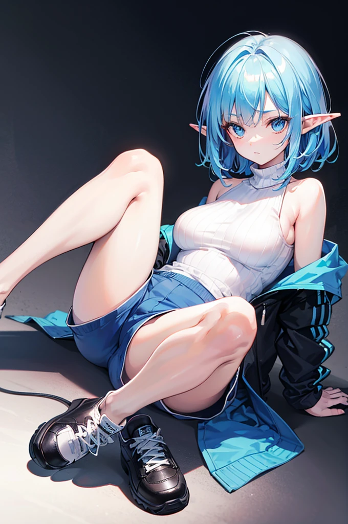 Detail image, realistic image, 1 elf. She has medium-long light blue hair which has strands of hair hanging over the right side of her face, large blue eyes and a delicate oval face, small breasts and a curvy figure. She is wearing an off-shoulder sweater and shorts, sneakers. seated. Full body view. Black background, Uniform background. Ambient light. Volumetric Light