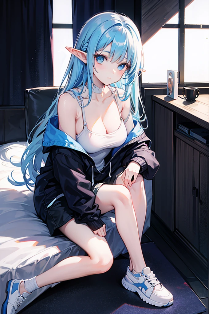 Detail image, realistic image, 1 elf. She has medium-long light blue hair which has strands of hair hanging over the right side of her face, large blue eyes and a delicate oval face, small breasts and a curvy figure. She is wearing an off-shoulder sweater and shorts, sneakers. seated. Full body view. Black background, Uniform background. Ambient light. Volumetric Light