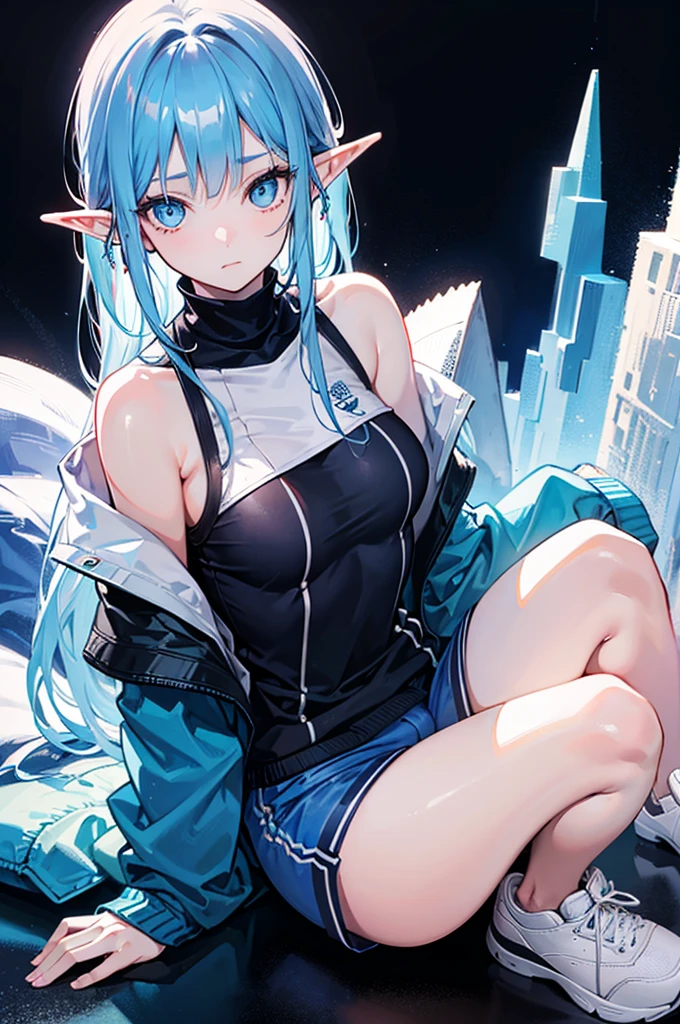 Detail image, realistic image, 1 elf. She has medium-long light blue hair which has strands of hair hanging over the right side of her face, large blue eyes and a delicate oval face, small breasts and a curvy figure. She is wearing an off-shoulder sweater and shorts, sneakers. seated. Full body view. Black background, Uniform background. Ambient light. Volumetric Light