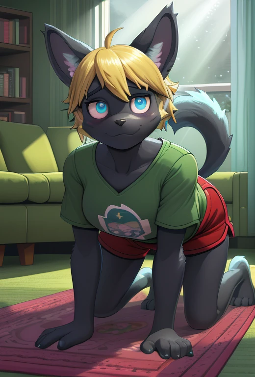 [isaCrossing], [Isabelle], [Animal Crossing], [Uploaded to e621.net; (Pixelsketcher), (wamudraws)], ((masterpiece)), ((HD)), ((high res)), ((solo portrait)), ((front view)), ((ass focus)), ((feet visible)), ((furry; anthro)), ((detailed fur)), ((detailed shading)), ((beautiful render art)), {anthro; (slim figure), yellow fur, black nose, (cute blue eyes), (blonde hair), (bells in hair), topknot, fluffy tail, (curvy hips), (beautiful legs), (beautiful feet), (blushing), (cute smirk)}, (nervous expression)}, {(red ribbon in hair), (green tee shirt), (lounge shorts), (orange drawstrings)}, {(on floor), (all fours), (nervous demeanor), (looking at viewer)}, [background; (living room), (rug), (window), (blue sky), (sun rays), (ambient lighting)]