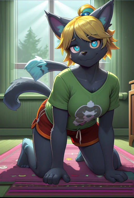 [isaCrossing], [Isabelle], [Animal Crossing], [Uploaded to e621.net; (Pixelsketcher), (wamudraws)], ((masterpiece)), ((HD)), ((high res)), ((solo portrait)), ((front view)), ((ass focus)), ((feet visible)), ((furry; anthro)), ((detailed fur)), ((detailed shading)), ((beautiful render art)), {anthro; (slim figure), yellow fur, black nose, (cute blue eyes), (blonde hair), (bells in hair), topknot, fluffy tail, (curvy hips), (beautiful legs), (beautiful feet), (blushing), (cute smirk)}, (nervous expression)}, {(red ribbon in hair), (green tee shirt), (lounge shorts), (orange drawstrings)}, {(on floor), (all fours), (nervous demeanor), (looking at viewer)}, [background; (living room), (rug), (window), (blue sky), (sun rays), (ambient lighting)]