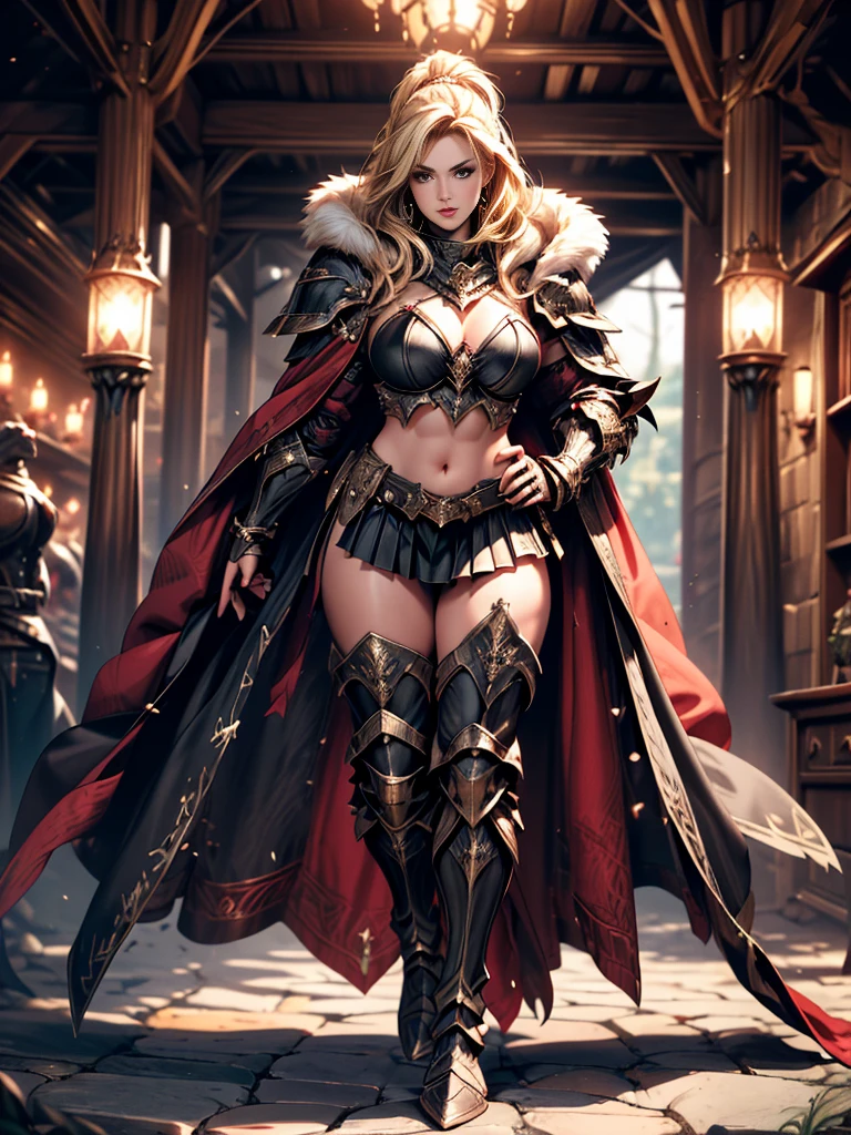 Voluptuous, Busty Blonde Female Dark Knight in ((((Black Full Plate Metal)) Bikini Armor)), Red Eyes, Thigh high Full Metal Plate Armored Boots. (((Full Body View))), Long hair, Messy bun, Wielding a Black Great Sword, (Red Cloak), (Red Pleated Skirt), detailed, perfect makeup, beautiful lips, large hoop earrings, (METAL bikini armor), No Helmet, (No Spikes), Tall girl, Long legs