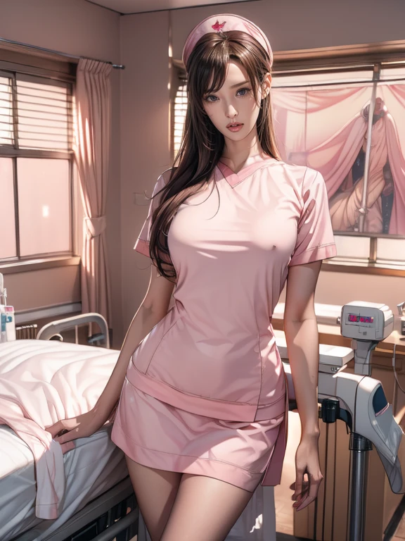 Pornographic Images,Cinematic scene,Fantasy Art,Highest image quality,hyperrealistic portrait,(8K),Ultra-realistic,Best Quality,High quality,High Definition,high quality texture,high detailing,Beautiful detailed,fine detailed,extremely details CG,Detailed texture,realistic representation of face,masutepiece,presence,Dynamic,Bold,1gir,(ideal ratio body proportions:1.5),Ultra detailed skin,Curve,Beautiful breasts,Large breasts,pale skin,(Thin hair),(Soft hair),(ultra straight hair),Swept long bangs,very light coppery amber hair,Hair over one eye,(pink nurse uniform:1.3),(gravure pose:1.5),(hospitals、Hospital Room、Patient bed:1.5)、