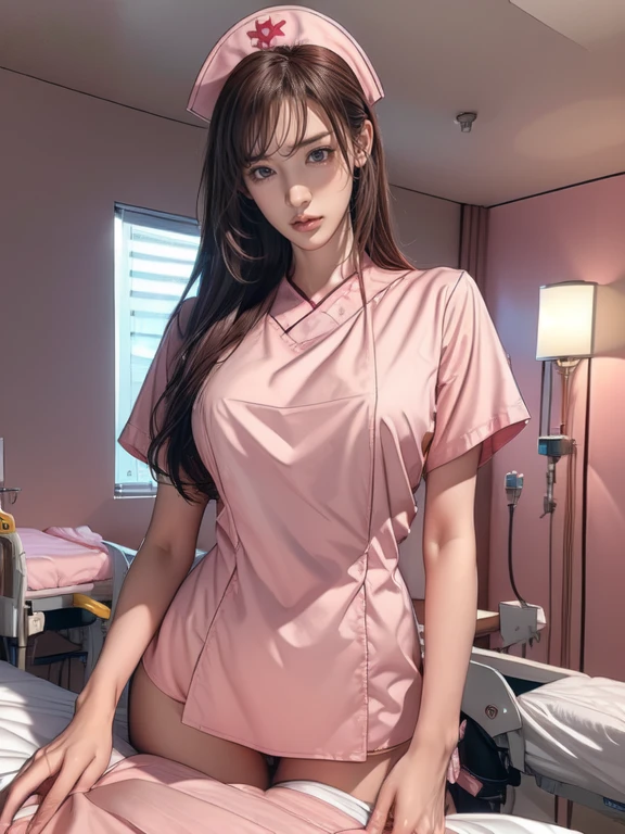 graphic Images,Cinematic scene,Fantasy Art,Highest image quality,hyperrealistic portrait,(8K),Ultra-realistic,Best Quality,High quality,High Definition,high quality texture,high detailing,Beautiful detailed,fine detailed,extremely details CG,Detailed texture,realistic representation of face,masutepiece,presence,Dynamic,Bold,1gir,(ideal ratio body proportions:1.5),Ultra detailed skin,Curve,,Beautiful brease breasts,paleThin hair),(Soft hair),(ultra straight hair),Swept long bangs,very light coppery amber hair,Hair over one eye,(pink nurse uniform:1.3),(gravure pose:1.5),(hospitals、Hospital Room、Patient bed:1.5)