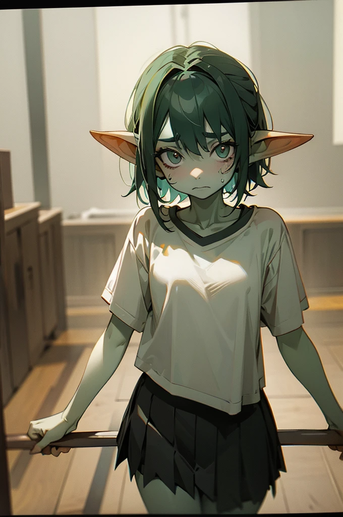 90 centimeters tall, goblin girl, pale green skin, small starved frame, dirty, sad expression. Wearing only an extremely short ragged skirt and ragged t-shirt.