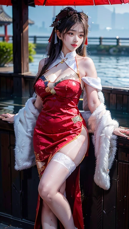 cheshire role play costume, role play, skirt, Chinese clothes, High Leg Raise, Fur Cape, Cat ears, Hair accessories, Red high heels, A very beautiful woman, (Huge sagging breasts、Cleavage, cleveage、Thick thighs))Plump and slim woman, correct limb, Right hand, in the darkness, float的,water,float, ((躺在池塘里玩water)), night, night view, moonlight, antique building, bamboo huts, plant, Soaked, wet hair, Pretty Face, masterpiece, original photo, best quality, detail, lifelike, Very detailed, official art, (Extremely beautiful face, Beautiful lips, Such beautiful big eyes), detail的脸, Full breasts, cleveage, Slender sexy legs, 腿漏water, Very beautiful legs, Sexy pose, grace, A bright smile, Show off your exquisite figure and graceful curves, Ray Tracing