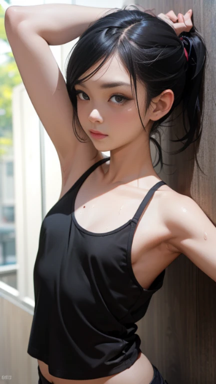 Cute girl armpit, indonesian face 22 yo, wet armpit, wearing loose black tanktop, wrinkles armpits