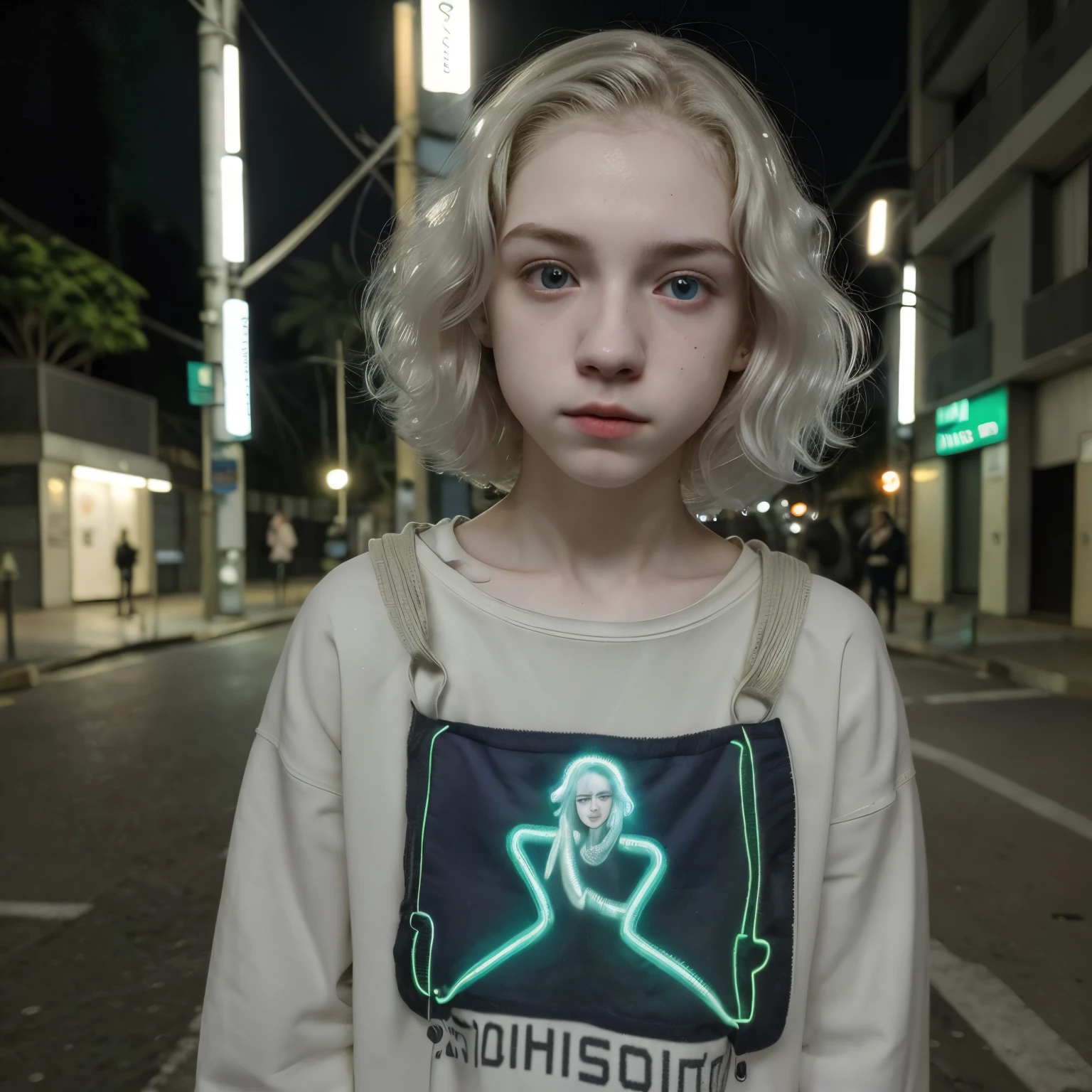 garoto adolescente, Pale skin, com o cabelo curto e escuro, olhos escuros, usando moletom. Em uma rua vazia e iluminada por luzes neon