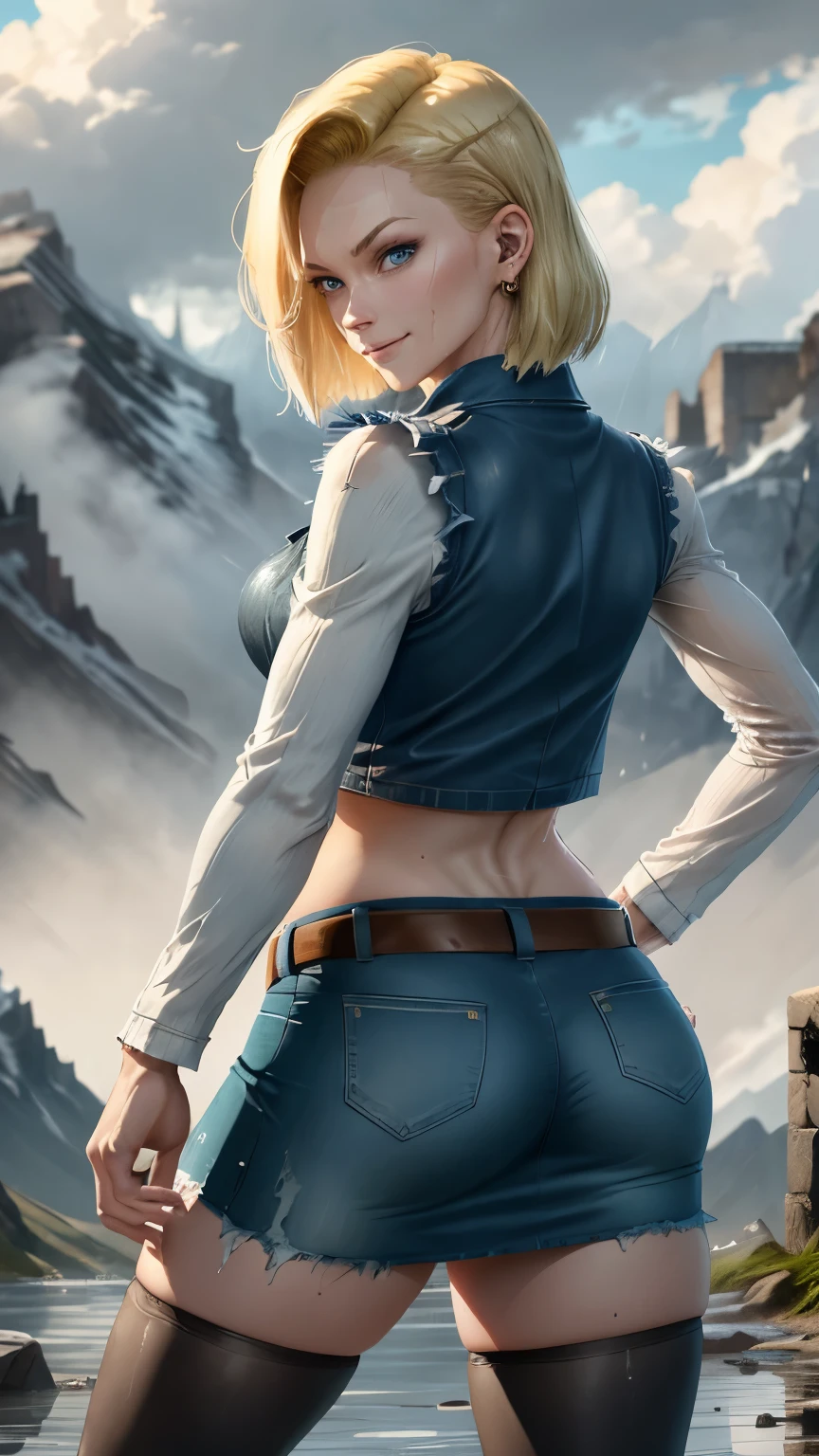 best quality, highres, and18, 1girl, android 18, solo, blonde hair, blue eyes, belt, tight blue demin skirt, gold_necklace, closed fists, black shirt, short hair, long sleeves, earrings, open vest, denim vest, medium breasts, cowboy shot, mountains, straight-on, (weather: raining and windy), wet clothes, fierce smile, combat stance, battle ruins, wide hips, thick thight, wet body, dirty clothes, from behind,