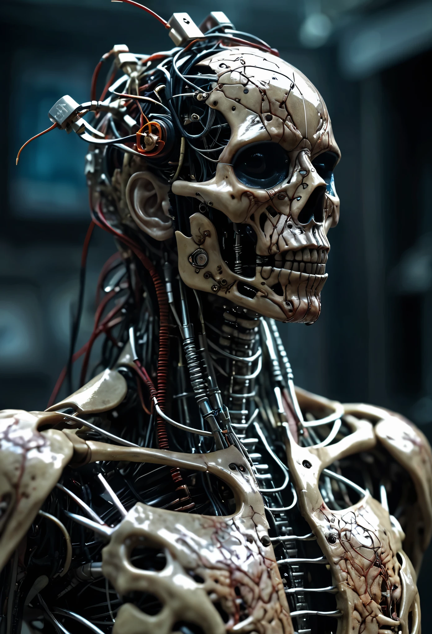 cinematic film still Surreal horror style by grim Sophia Rapata and Grim Grimsley,a mechanized organic humanoid,male,warrior,skin,flesh,bone,skin,metal,wiring,electrical sparks,exposed machinations,weirdcore,depth of field,unsettling,asymmetric abnormalities,surreal masterpiece,insanely detailed,insane imagination illustrated,sharp focus,creepy,never before seen art of an evil mastermind,demented dream,approaching perfection,dynamic,highly detailed,smooth,sharp focus,art by Carne Griffiths and Wadim Kashin,trending on artstation,sharp focus,intricate details,highly detailed,by greg rutkowski,mysterious,epic,cinematic,. shallow depth of field,vignette,highly detailed,high budget,bokeh,cinemascope,moody,epic,gorgeous,film grain,grainy,
