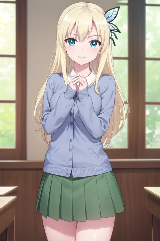 senakashiwazaki, sena kashiwazaki, long hair, blonde hair, hair ornament, aqua eyes, butterfly hair ornament, lips, smile,
BREAK , cardigan, st. chronica academy , skirt, green skirt, pleated skirt,
BREAK indoors, classroom,
BREAK looking at viewer, (cowboy shot:1.5),
BREAK (masterpiece:1.2), best quality, high resolution, unity 8k wallpaper, (illustration:0.8), (beautiful detailed eyes:1.6), extremely detailed face, perfect lighting, extremely detailed CG, (perfect hands, perfect anatomy),