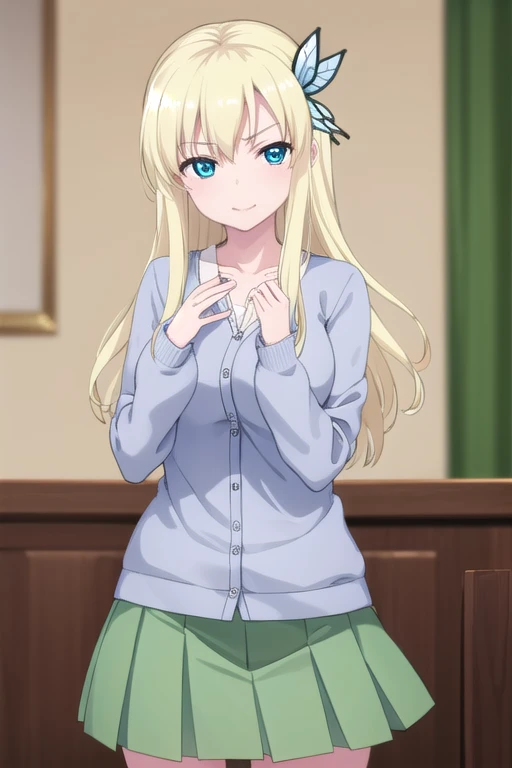 senakashiwazaki, sena kashiwazaki, long hair, blonde hair, hair ornament, aqua eyes, butterfly hair ornament, lips, smile,
BREAK , cardigan, st. chronica academy , skirt, green skirt, pleated skirt,
BREAK indoors, classroom,
BREAK looking at viewer, (cowboy shot:1.5),
BREAK (masterpiece:1.2), best quality, high resolution, unity 8k wallpaper, (illustration:0.8), (beautiful detailed eyes:1.6), extremely detailed face, perfect lighting, extremely detailed CG, (perfect hands, perfect anatomy),