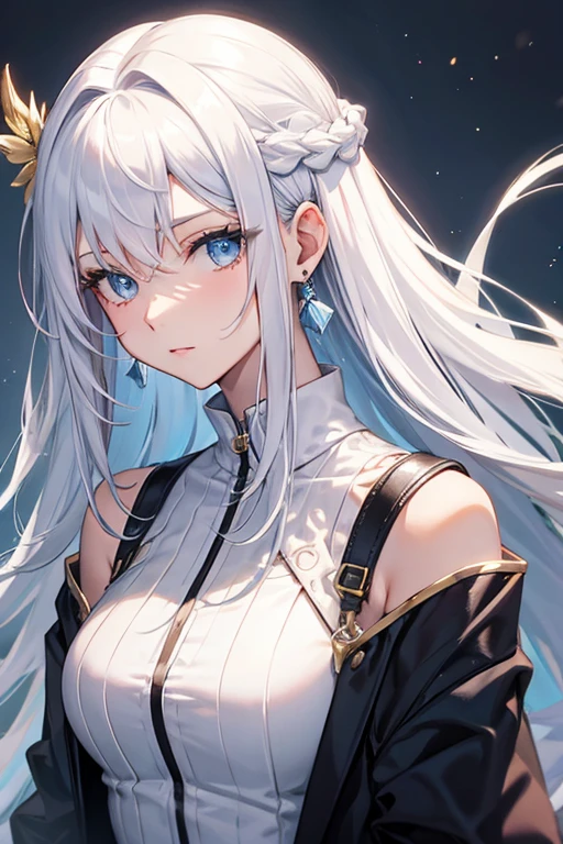 Cover magazine, anime, woman, solo, long hair, white hair, blue eyes, model, beautiful, fantasy, Casual clothes. Hair accessories. Unusual hairstyles. Earrings.