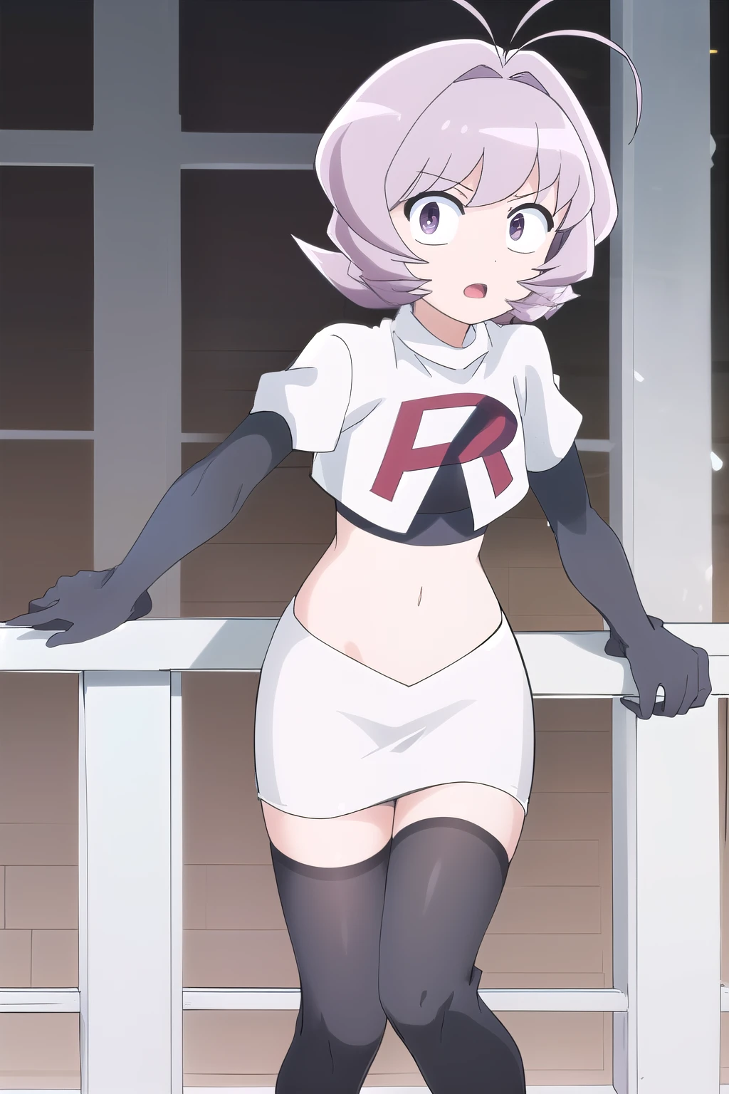 masterpiece, absurdres,male focus, trap, crossdressing,1boy,ON, solo, looking at viewer, team rocket,team rocket uniform,white skirt,red letter R,crop top,black thigh-highs,black elbow gloves, , perfect quality, good quality, masterpiece, HDR, UHD 