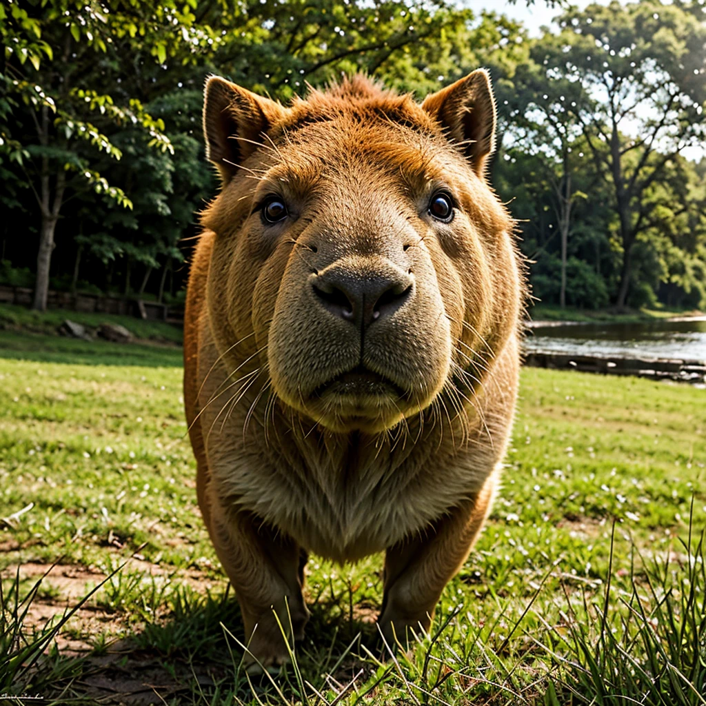 a Capybara,adorable,curious eyes,furry,large front teeth,brownish-gray fur,fluffy,round body,playful and friendly,relaxing by the riverside,soft sunlight,grass and leaves,gentle breeze,natural habitat,happy and content,photorealistic,high quality,ultra-detailed,realistic colors,dim lighting