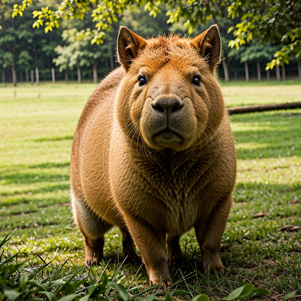 a Capybara,adorable,curious eyes,furry,large front teeth,brownish-gray fur,fluffy,round body,playful and friendly,relaxing by the riverside,soft sunlight,grass and leaves,gentle breeze,natural habitat,happy and content,photorealistic,high quality,ultra-detailed,realistic colors,dim lighting