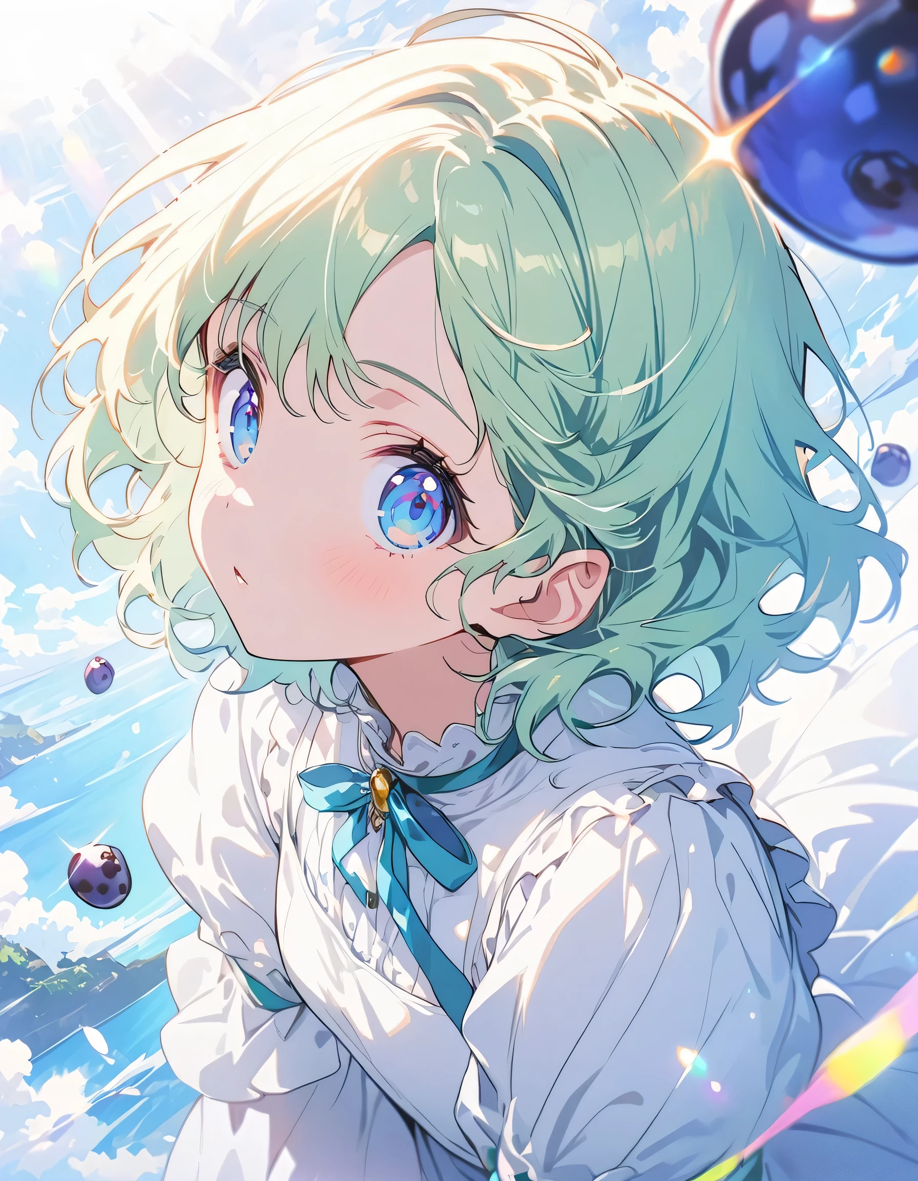 (antique style, Girlish: 1.2, Yellow-green hair: 1.1, blue eyes: 1.1, Big eyeaid)、(blueberry:1.2)、(highest quality、masterpiece、High resolution、detailed)、anime style、Flat Style、(Beautiful Eyes,、Beautiful Face), BREAK,1 girl、floating, (High saturation), (Shine), Focus on the face, Dynamic Angle、anime