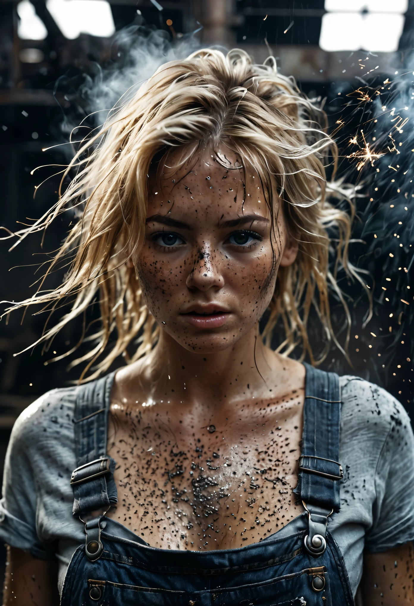steel mill,sparks,molten steel being poured,steam,black smoke,smoke,volumetric,closeup portrait photo of woman,(blonde hair:1.4),freckles,large bosom,work overalls,dirty tshirt,worn-denim-overalls,gloves,(dirty skin:1.4),soot,gritty,28 years old,(soot on arms:1.4),(soot on face:1.4),messy hair,sparks from steel grinding machines,intricate detailed photo,fine details in every texture,add excessive details to the image consistent with the setting and environment,wet skins,sweat,wet hair,exhausted expression,Hyperrealistic art cinematic film still photography in the style of detailed hyperrealism photoshoot,Full Body Photograph,Full Body Portrait,Full Body Visible,From a Distance,Full Body Photograph,Full Body Portrait,Full Body Visible,From a Distance